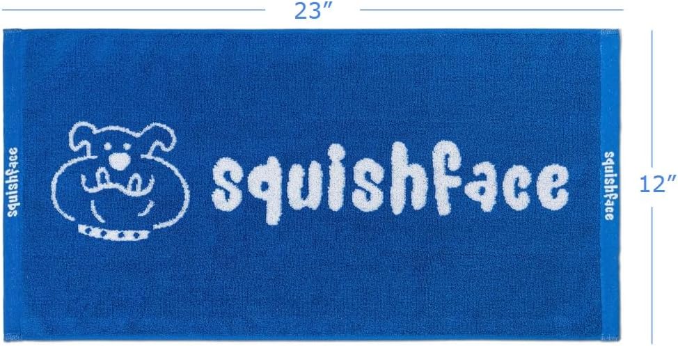 Blue towel with 'squishface' logo and text, displayed with measurements.