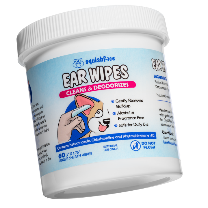 Container of Squishface ear wipes for dogs on a white background