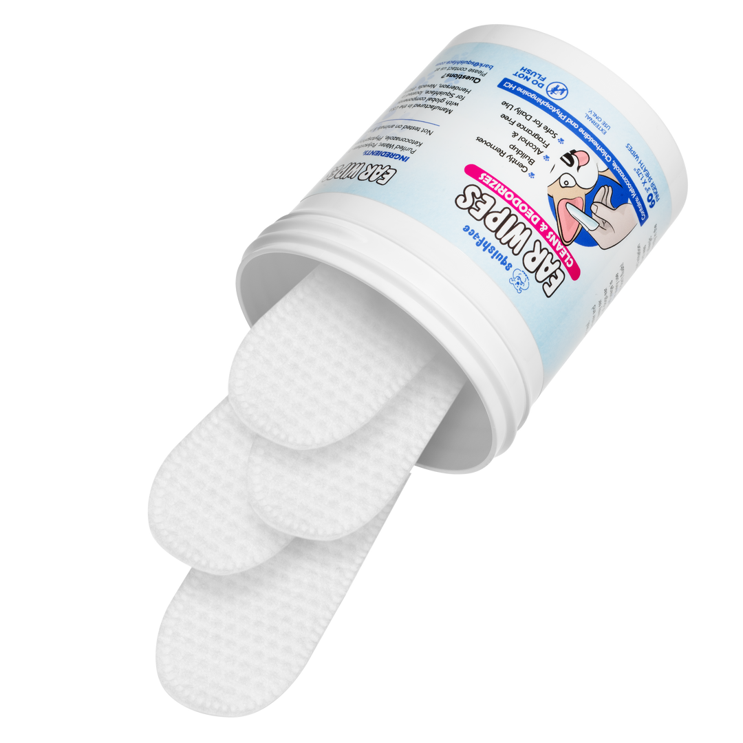 White ear swabs in a cylindrical container with branding on a white background