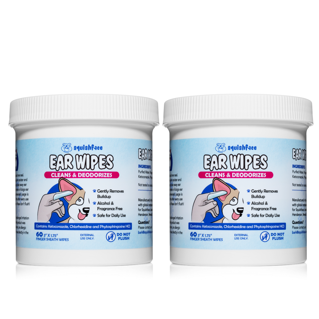 Two containers of Equiface ear wipes on a white background