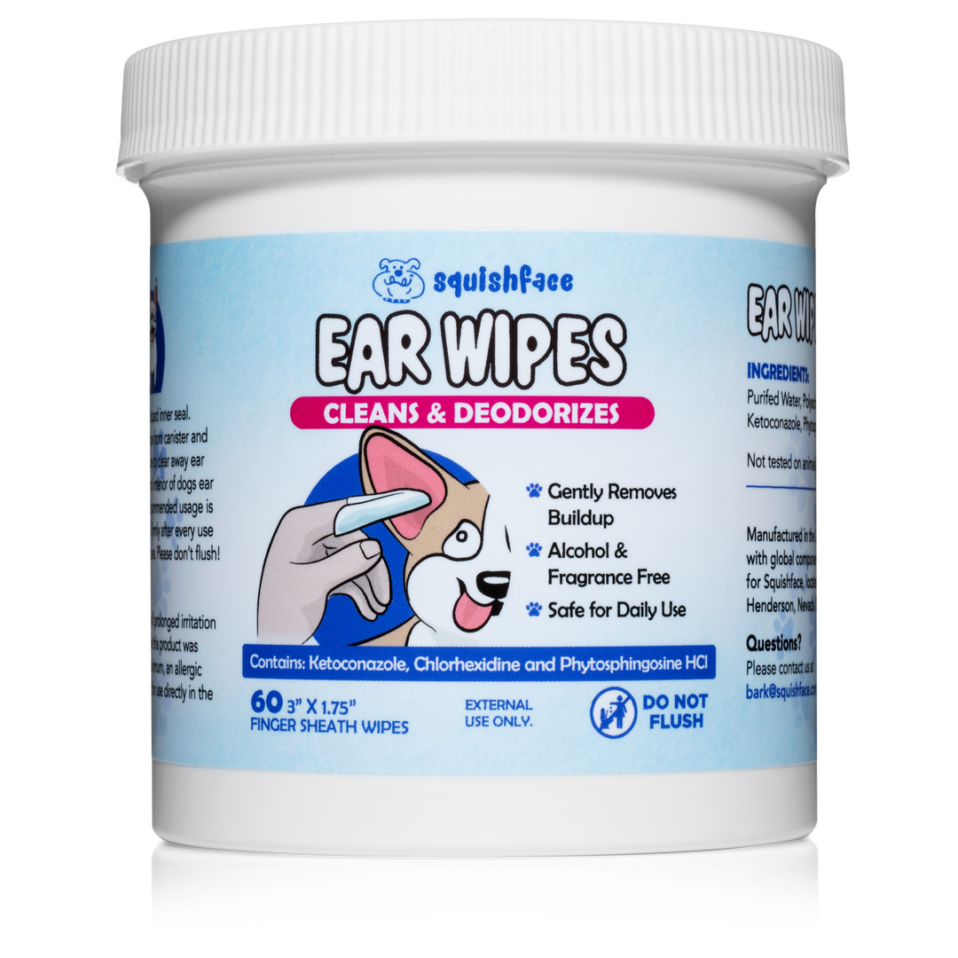 Container of Squishface ear wipes for dogs on a white background