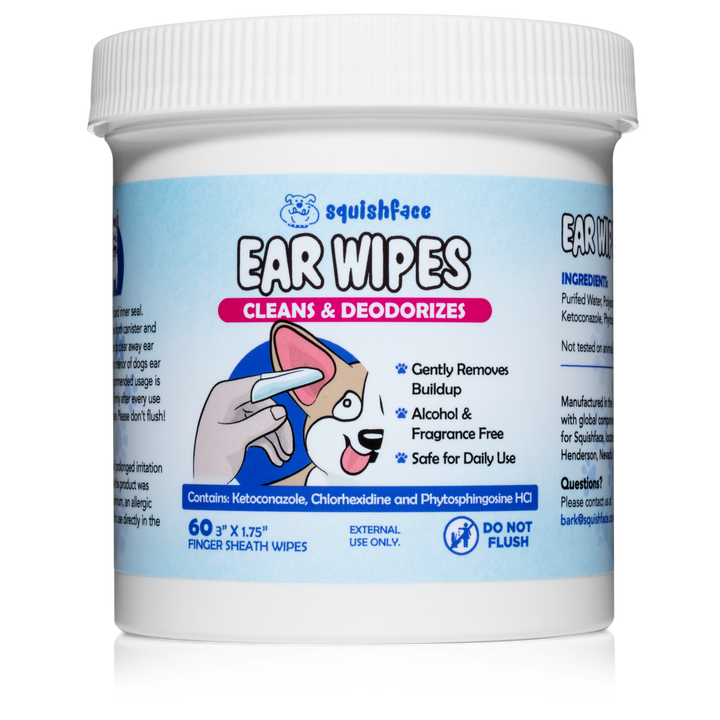 Container of Squishface ear wipes for dogs on a white background
