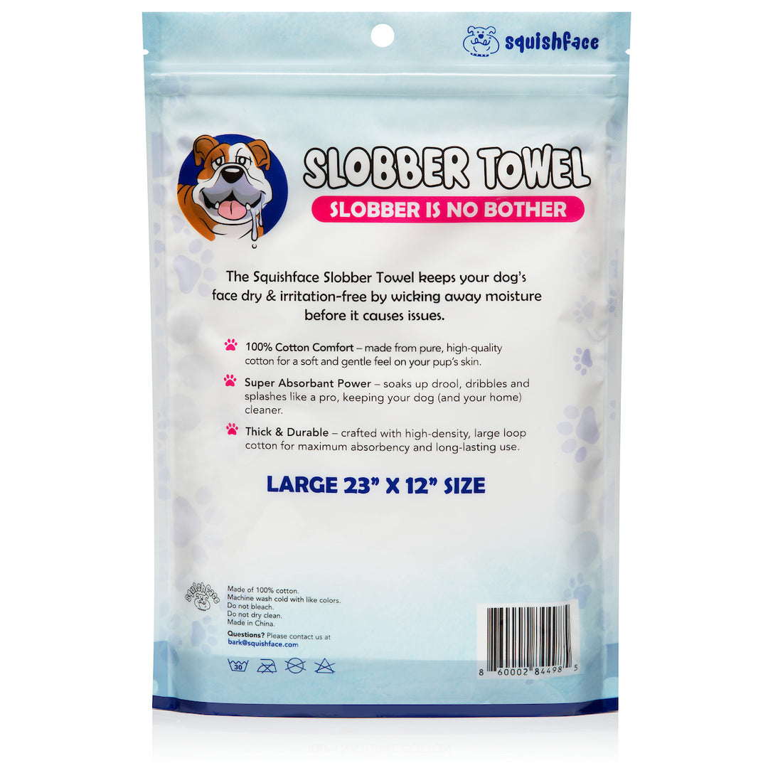 Squishface Slobber Towel packaging with product details on a white background