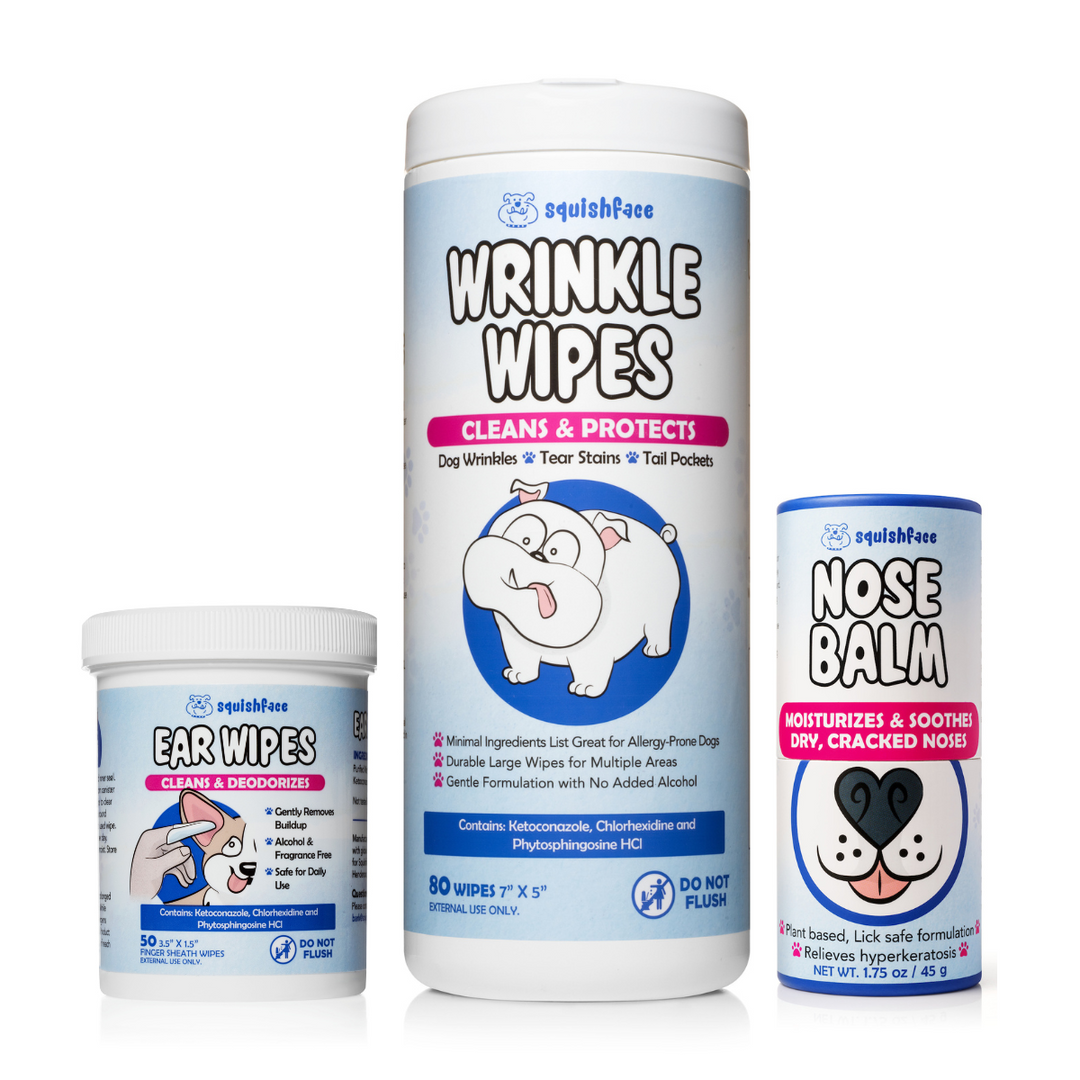 squishface dog wrinkle wipes, ear wipes and nose balm