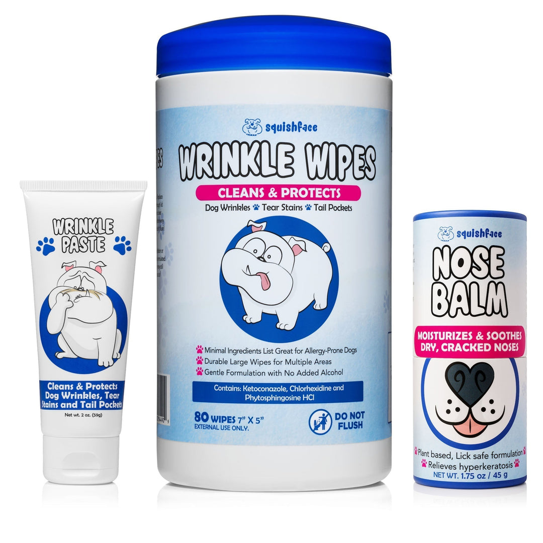 squishface wrinkle wipes, paste, and nose balm