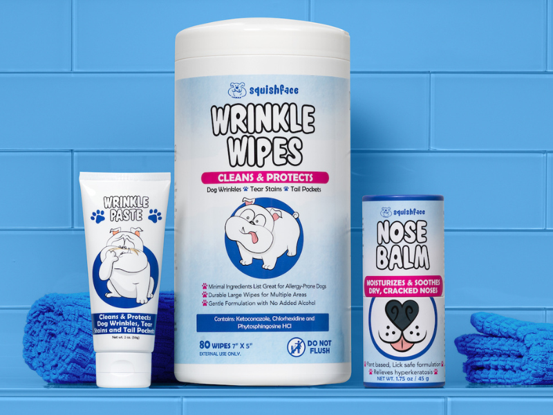 squishface wrinkle wipes, paste, and nose balm displayed with a blue tile background
