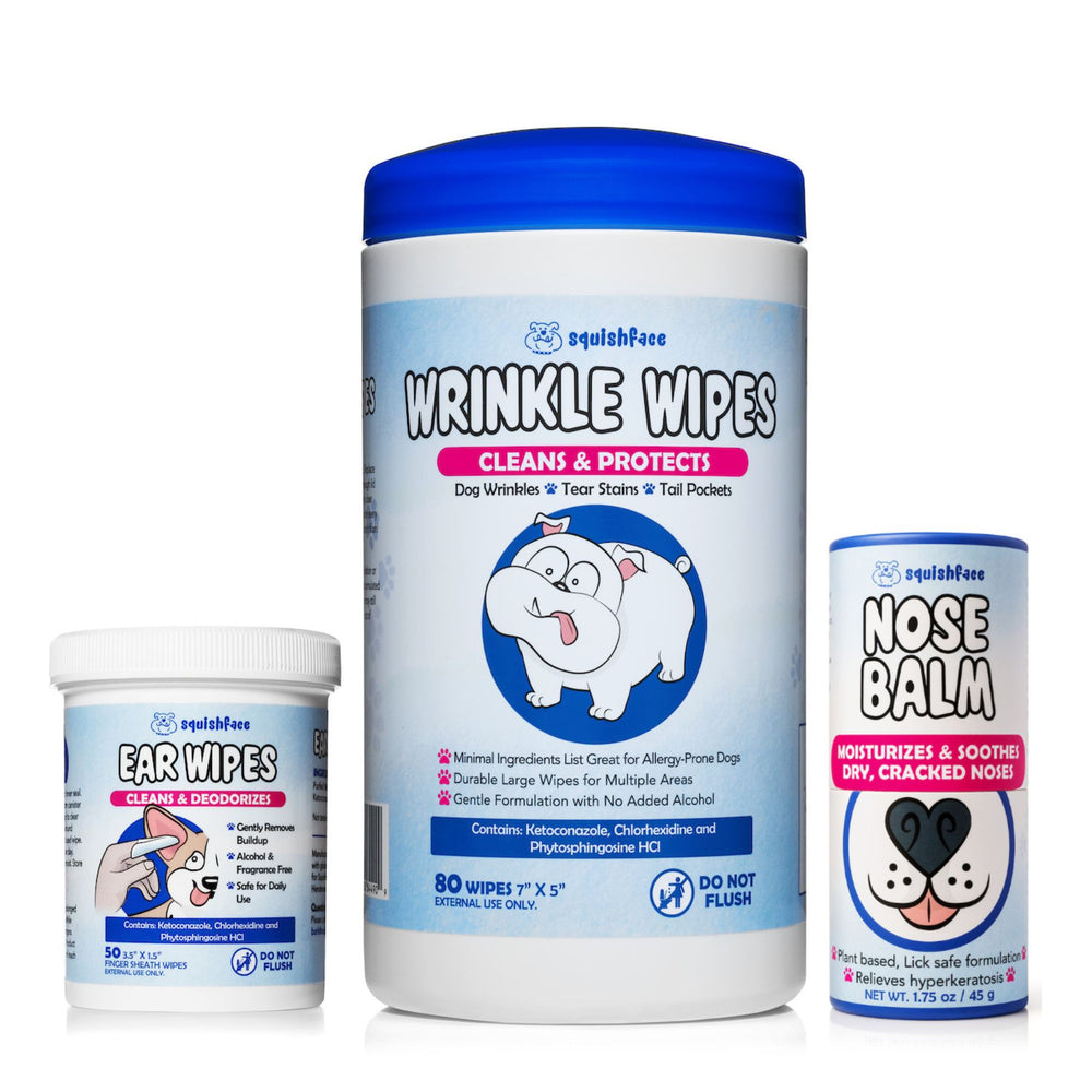 squishface dog wrinkle wipes, ear wipes and nose balm for yeasty itchy dogs with sensitive skin