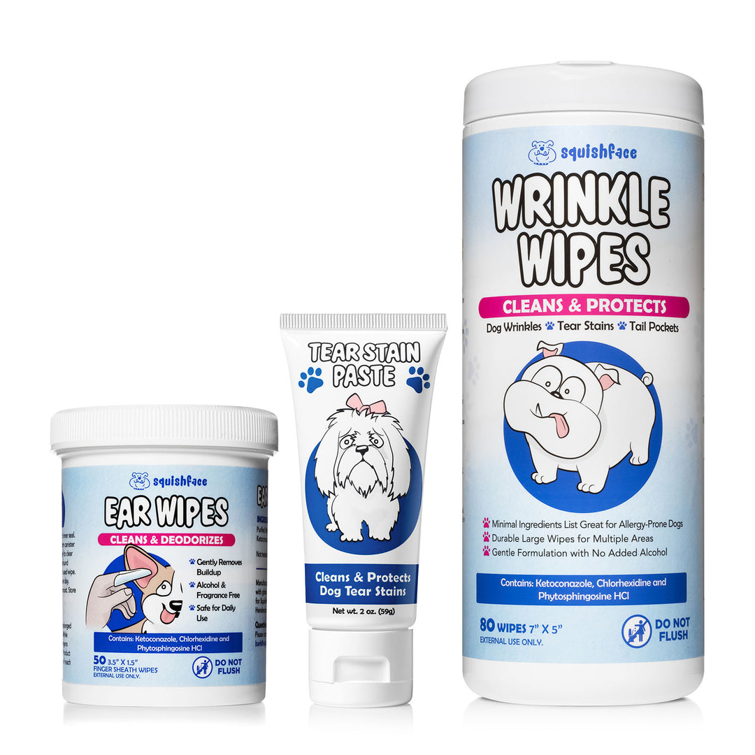 trio of dog skincare products for long hair breeds ear wipes tear stain paste and wrinkle wipes