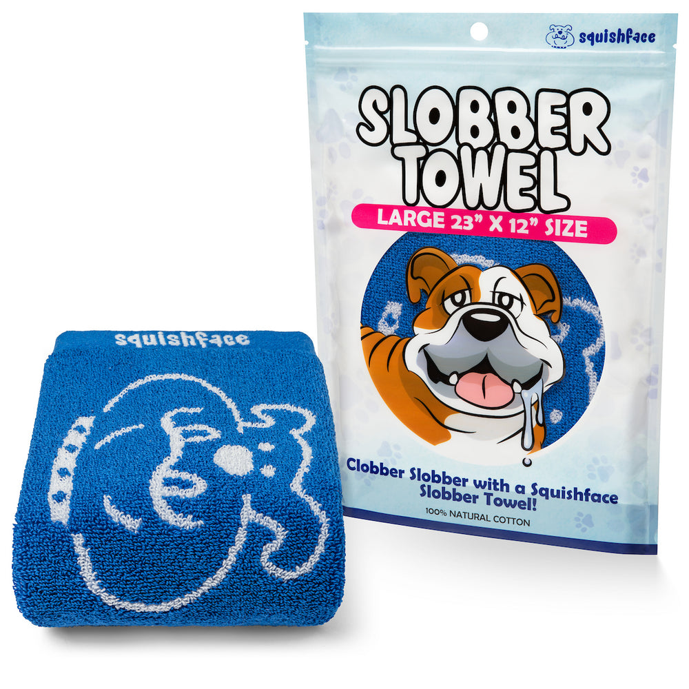 Blue Squishface slobber towel with packaging on a white background