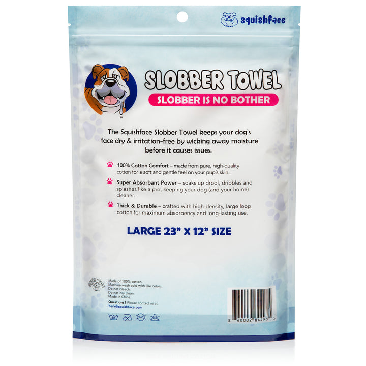 Squishface Slobber Towel packaging with product details on a white background
