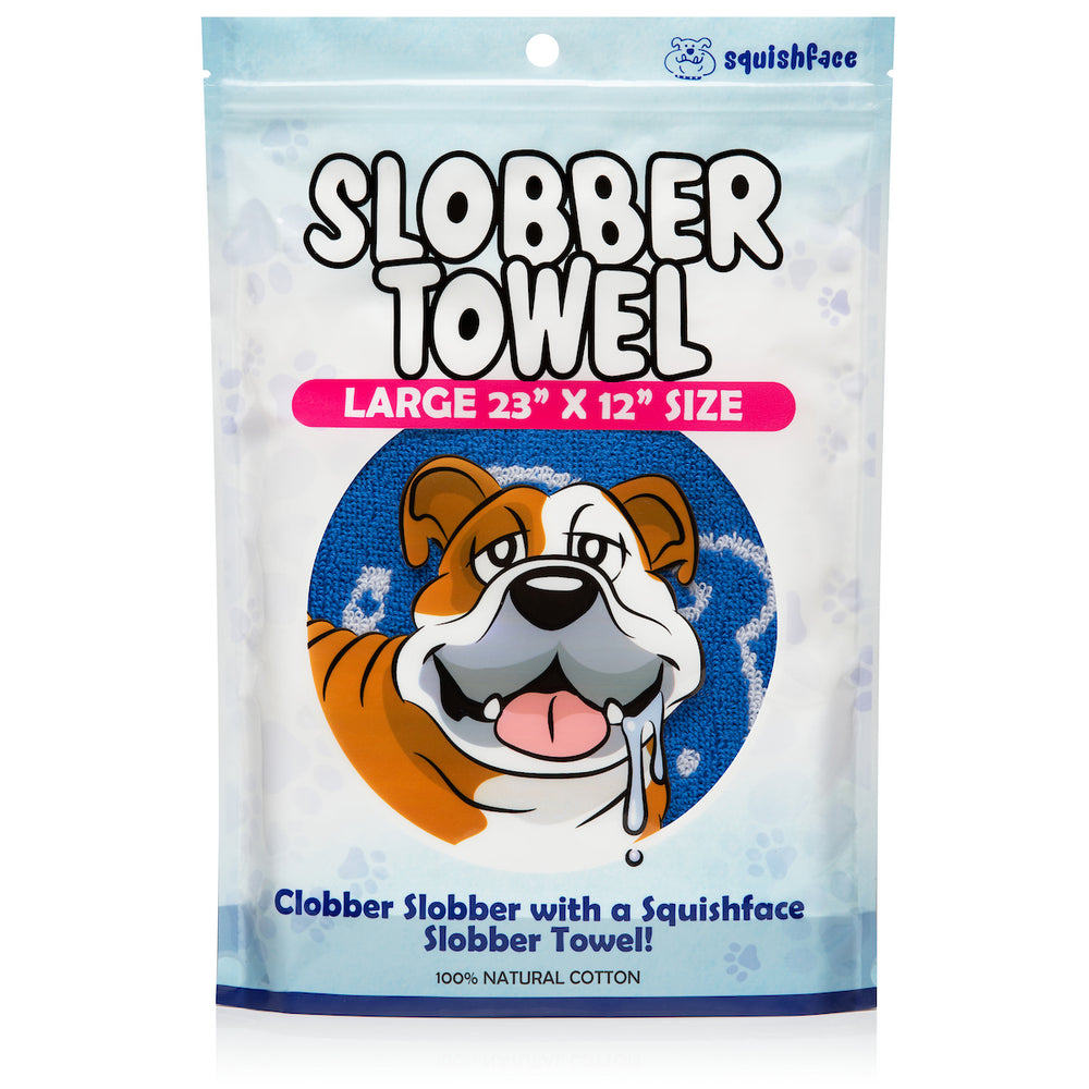 Slobber Towel packaging with a cartoon bulldog and text on a white background