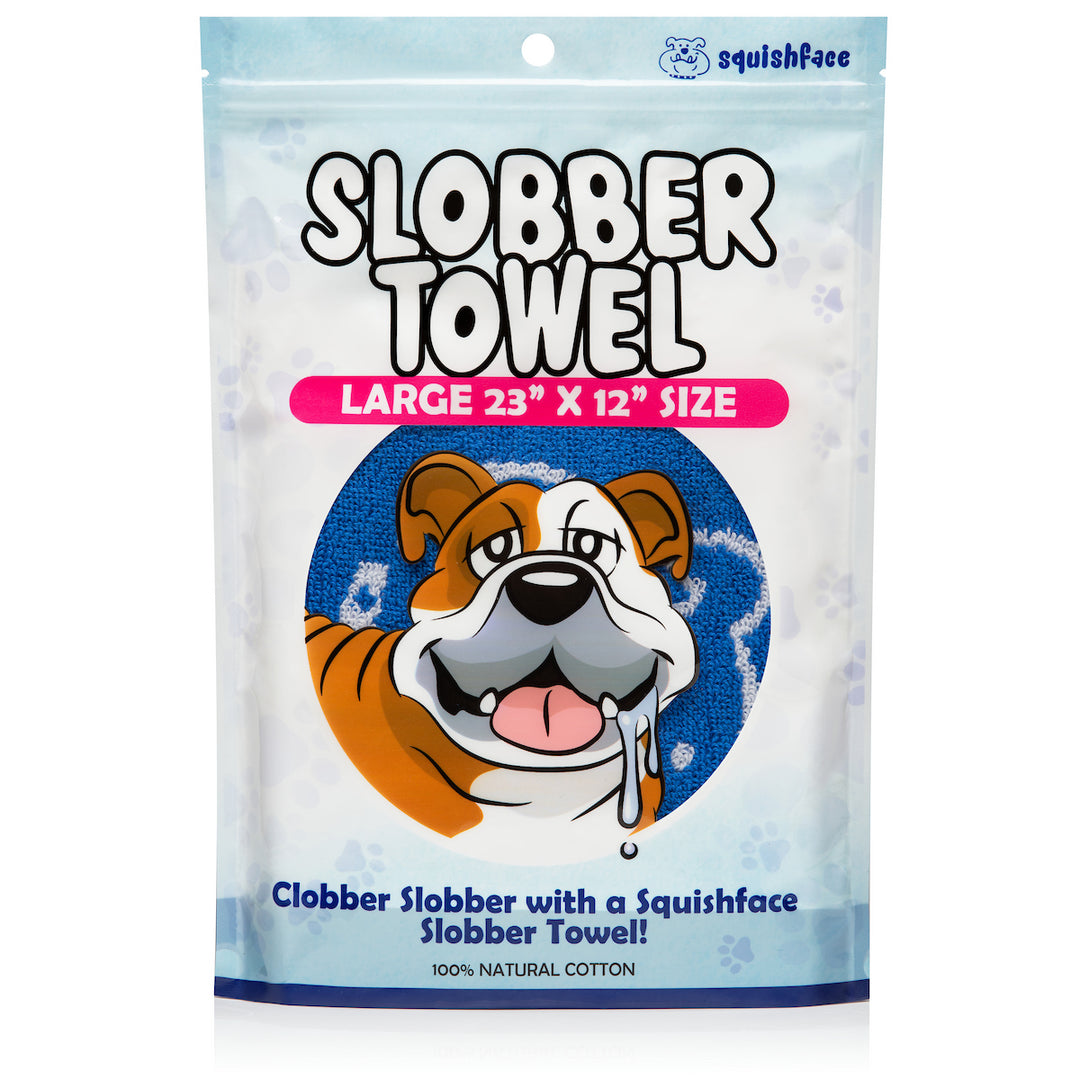 Slobber Towel packaging with a cartoon bulldog and text on a white background