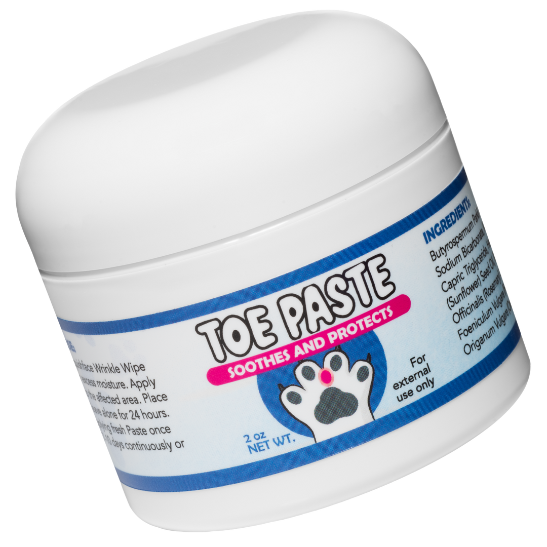 Jar of toe paste for pets with a white background
