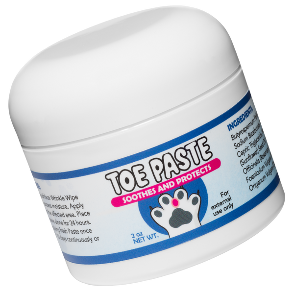 Jar of toe paste for pets with a white background