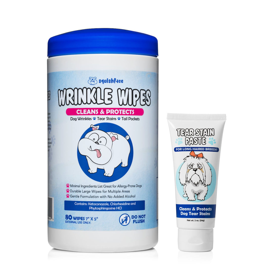 Squishface Tear Stain Paste for Long-Haired Breeds and Wrinkle Wipe Bundle to Clean and Protect Dogs with Sensitive Skin